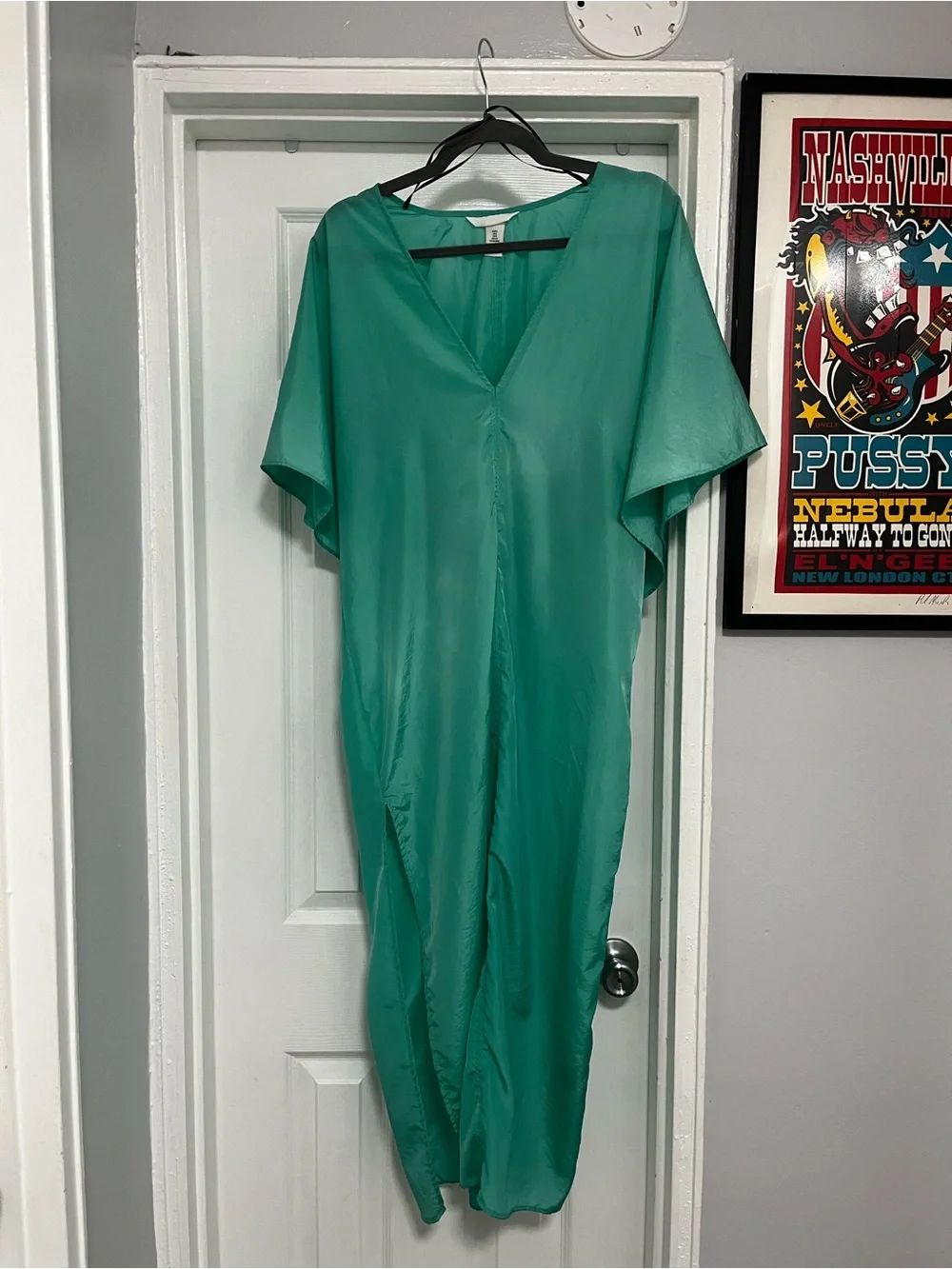 NWOT H&M Teal V-Neck Flowing Satin lad Midi Dress/Beach Cover-Up - Picture 1 of 5